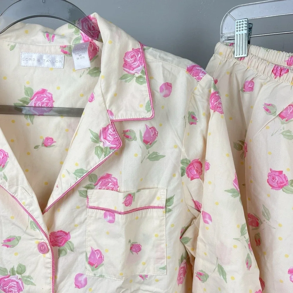 Vintage Lord & Taylor Pajama Set Womens M Yellow Pink Rose Floral 2 Pc Cottage‎